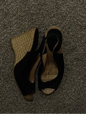 MIA Black and Gold Wedge Peep-Toe Slingbacks